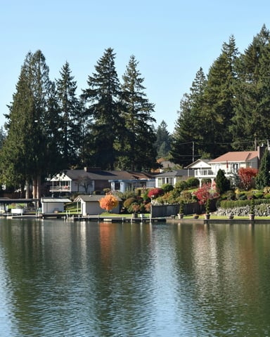 Lakeside homes with tall conifers and autumn colours, Pacific Northwest
